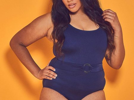 Wolf & Whistle Navy Belted Plunge Swimsuit Curve Fashion